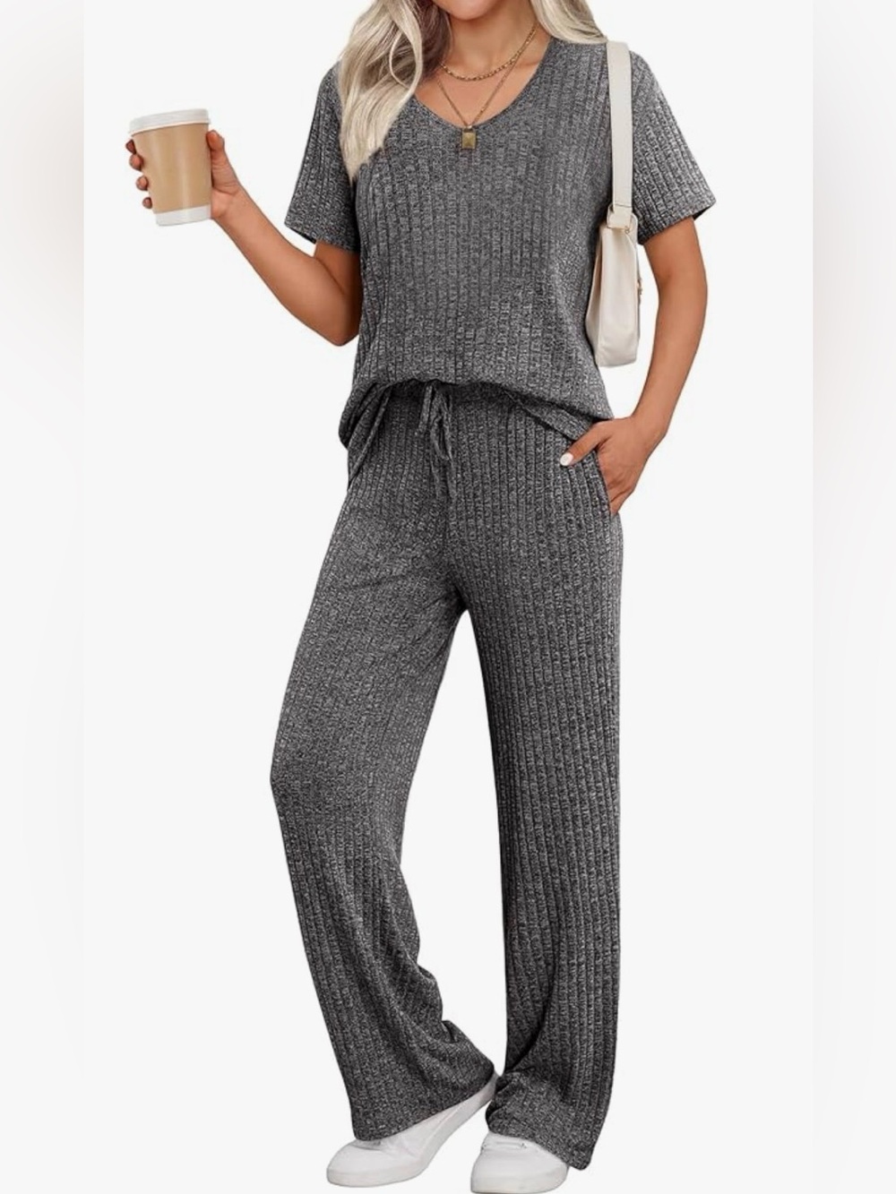 Women's Ribbed Lounge Set - Gray